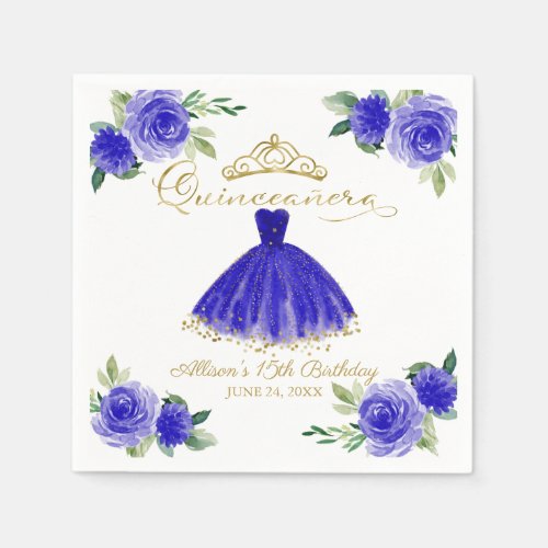 Quinceanera Party  Royal Blue Gown Floral Napkins