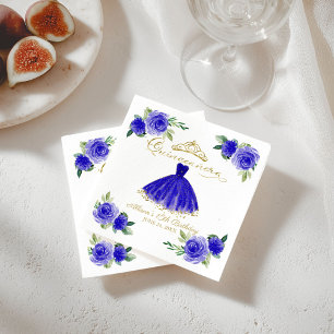 Quinceanera Party Royal Blue Gown Floral Napkins