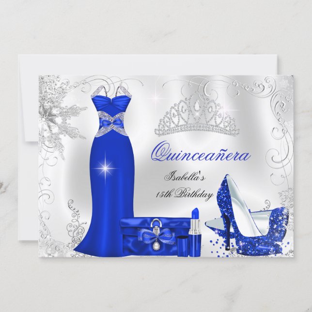 Quinceanera Party Royal Blue Silver Snowflakes Invitation (Front)