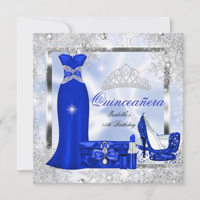 Quinceanera Party Royal Blue Silver Snowflakes S3 Invitation (Front)