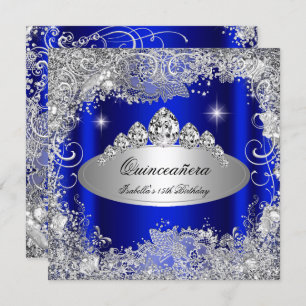 Quinceanera Party Royal Blue Silver Tiara Invitation