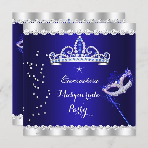 Quinceanera Party Royal Blue Tiara Masquerade Invitation