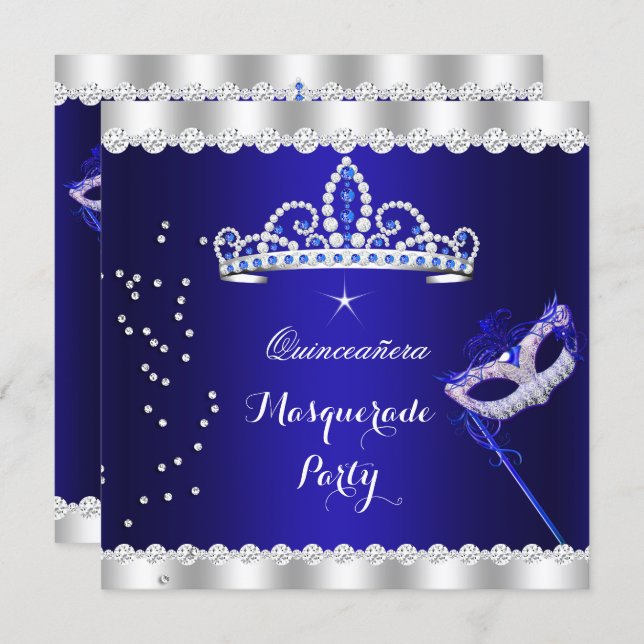 Quinceanera Party Royal Blue Tiara Masquerade Invitation (Front/Back)