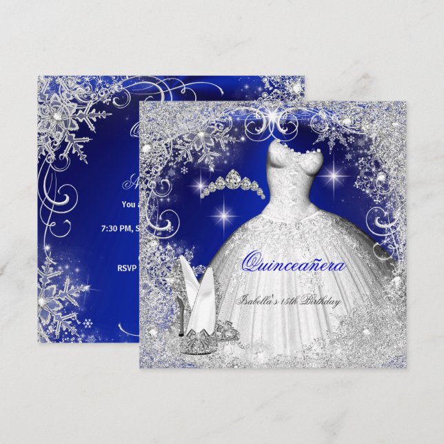 Quinceanera Party Royal Blue Winter Snowflakes Invitation (Front/Back)