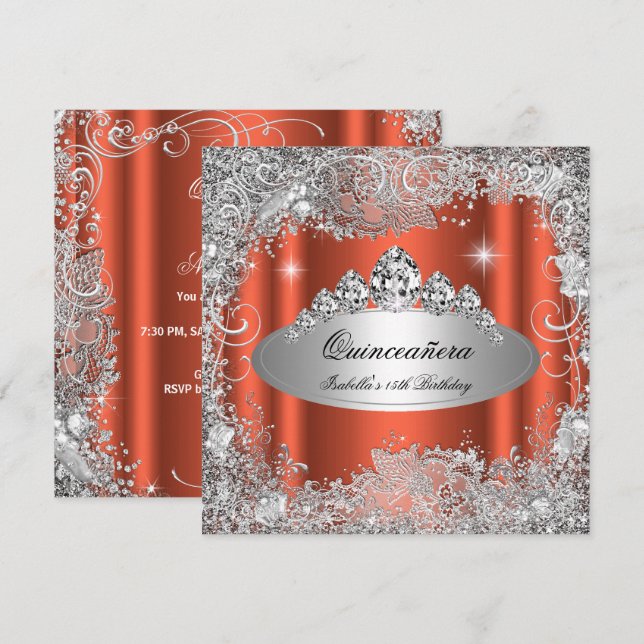 Quinceanera Party Rusty Orange Silver Tiara Invitation (Front/Back)