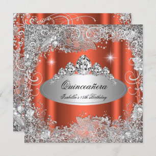 Quinceanera Party Rusty Orange Silver Tiara Invitation