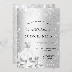 Quinceanera party silver dress glitter invitation