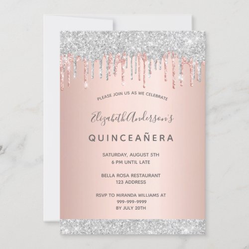 Quinceanera party silver glitter pink rose gold invitation