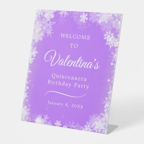 Quinceanera Party Snowflake Purple Welcome Pedestal Sign