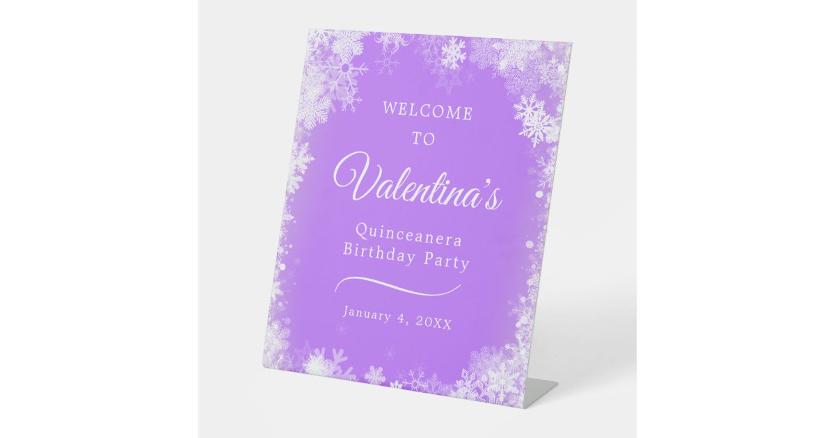 Quinceanera Party Snowflake Purple Welcome Pedestal Sign | Zazzle
