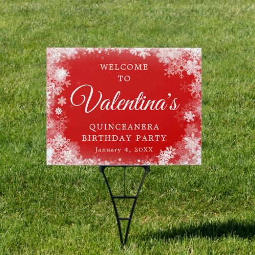 Quinceanera Party Snowflake Red Welcome Yard Sign