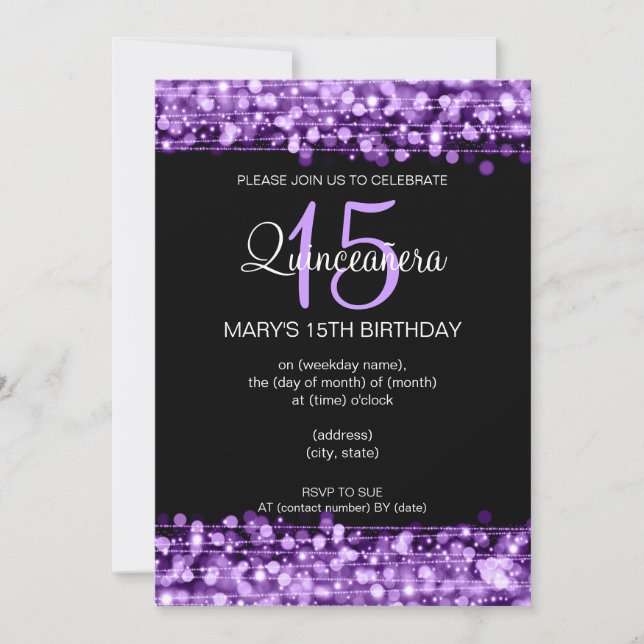 Quinceañera Party Sparkles Purple Invitation (Front)