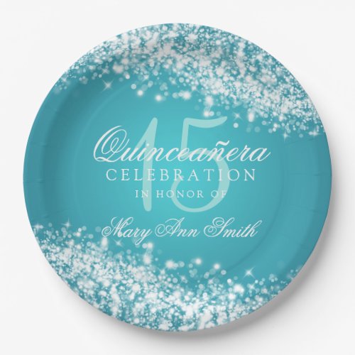 Quinceanera Party Sparkling Wave Turquoise Paper Plates