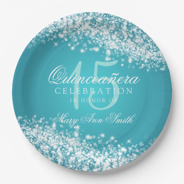Quinceanera Party Sparkling Wave Turquoise Paper Plates (Front)
