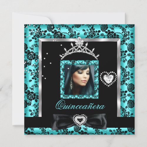 Quinceanera Party Teal Black Silver Damask Photo Invitation