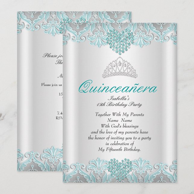 Quinceanera Party Teal Blue Hearts Lace Tiara Invitation (Front/Back)