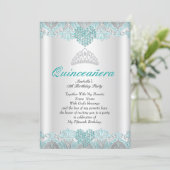 Quinceanera Party Teal Blue Hearts Lace Tiara Invitation (Standing Front)