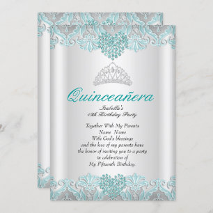 Quinceanera Party Teal Blue Hearts Lace Tiara Invitation