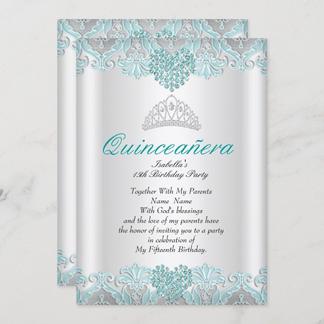 Quinceanera Party Teal Blue Hearts Lace Tiara Invitation (Front/Back)