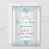 Quinceanera Party Teal Blue Hearts Lace Tiara Invitation (Front)