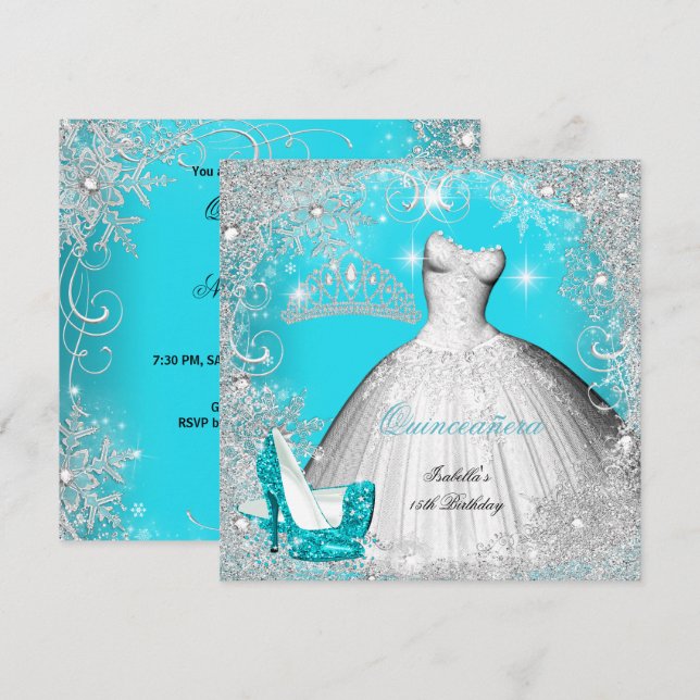Quinceanera Party Teal Blue Silver Snowflakes 2 Invitation (Front/Back)