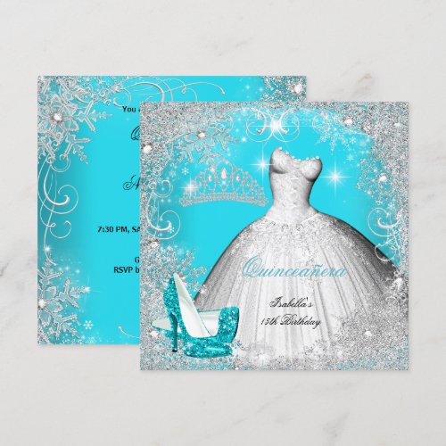 Quinceanera Party Teal Blue Silver Snowflakes 2 5.25x5.25 Square Paper Invitation Car...