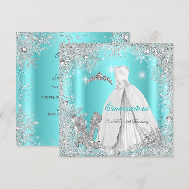 Quinceanera Party Teal Blue Silver Snowflakes Invitation (Front/Back)