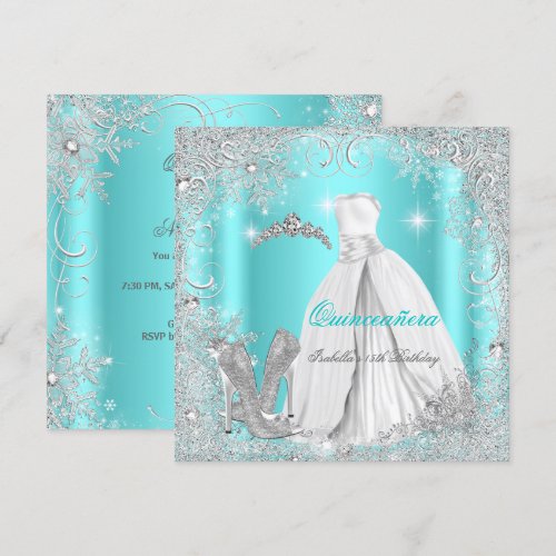 Quinceanera Party Teal Blue Silver Snowflakes Custom Announcement