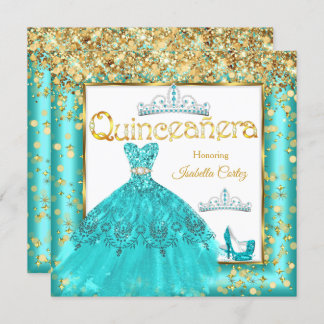 Quinceañera Party Teal Dress High Heels Gold Invitation