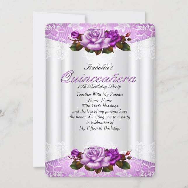 Quinceanera Party White Purple Pink Roses Lace Invitation (Front)