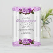 Quinceanera Party White Purple Pink Roses Lace Invitation (Standing Front)
