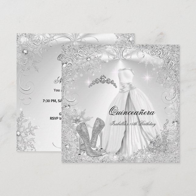 Quinceanera Party White Silver Winter Snowflakes 2 Invitation (Front/Back)