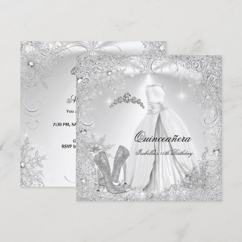 Quinceanera Party White Silver Winter Snowflakes 2 Personalized Invitations