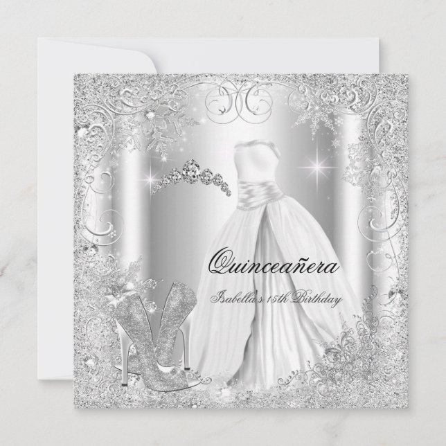 Quinceanera Party White Silver Winter Snowflakes Invitation (Front)