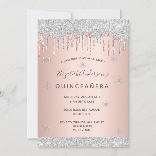Quinceanera party winter silver glitter pink snow invitation (Front)