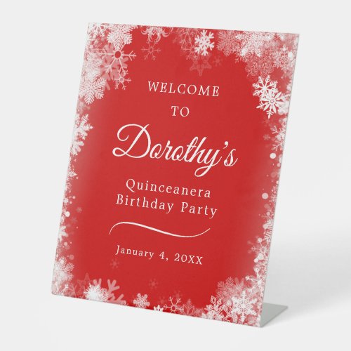 Quinceanera Party Winter Snowflake Red Welcome Pedestal Sign