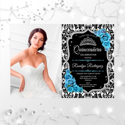 Quinceanera Party With Photo _ Aqua Blue Silver Invitation