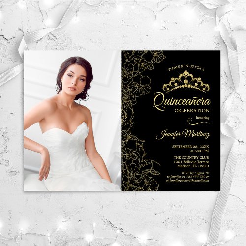 Quinceanera Party With Photo _ Black Gold Floral Invitation