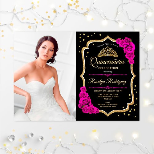 Quinceanera Party With Photo _ Black Pink Gold Invitation