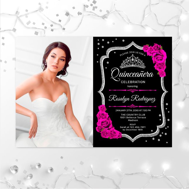 Quinceanera Party With Photo - Black Pink Silver Invitation (Creator Uploaded)