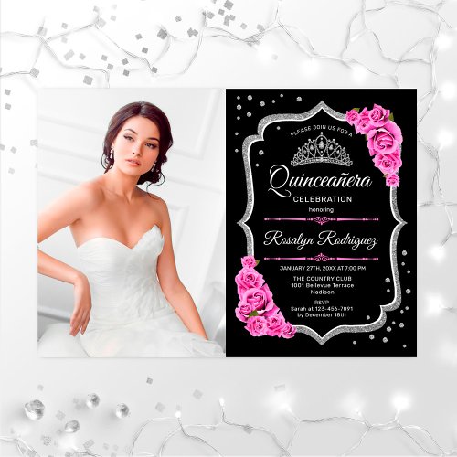 Quinceanera Party With Photo _ Black Pink Silver Invitation