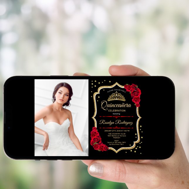 Quinceanera Party With Photo - Black Red Gold Invitation (Front Digital)