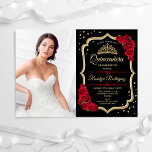 Quinceanera Party With Photo - Black Red Gold Invitation<br><div class="desc">Quinceanera party invitation with your photo. Features script font,  red roses,  tiara and confetti. Classy black white red design with faux glitter gold. Perfect for an elegant celebration.</div>