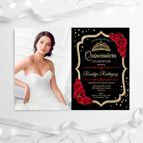 Quinceanera Party With Photo _ Black Red Gold Invitation