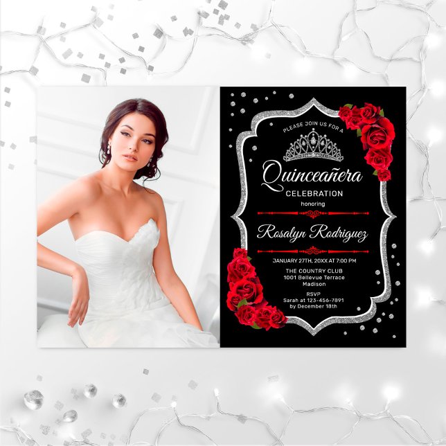 Quinceanera Party With Photo - Black Red Silver Invitation (Creator Uploaded)