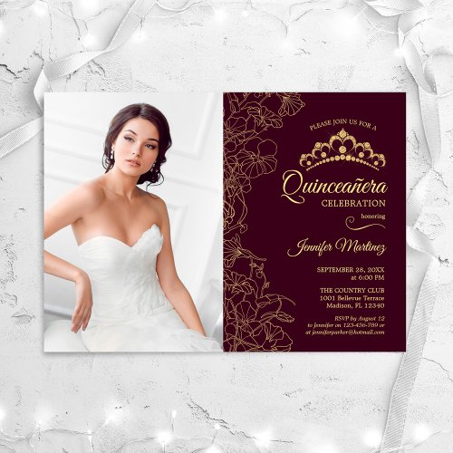 Quinceanera Party With Photo Burgundy Gold Floral Invitation