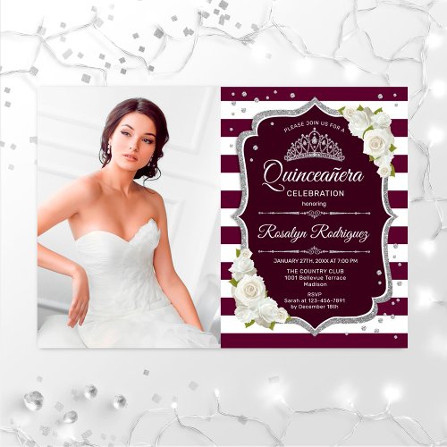 Quinceanera Party With Photo _ Burgundy Silver Invitation