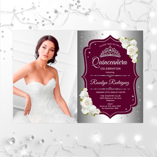 Quinceanera Party With Photo _ Burgundy Silver Invitation