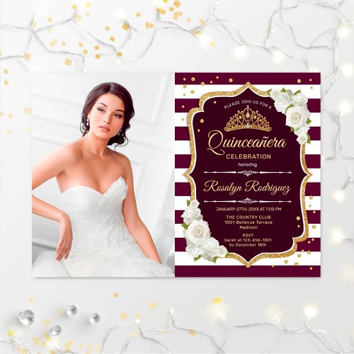 Quinceanera Party With Photo _ Burgundy White Gold Invitation