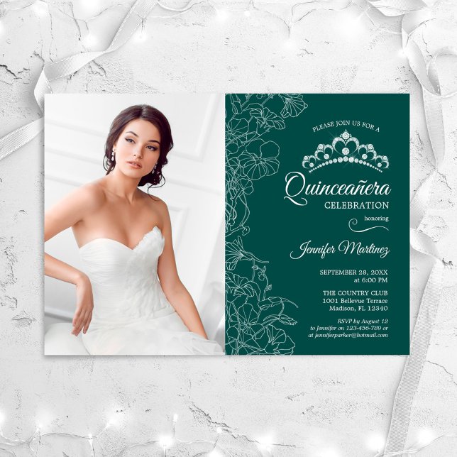Quinceanera Party With Photo Emerald Green Floral Invitation (Creator Uploaded)